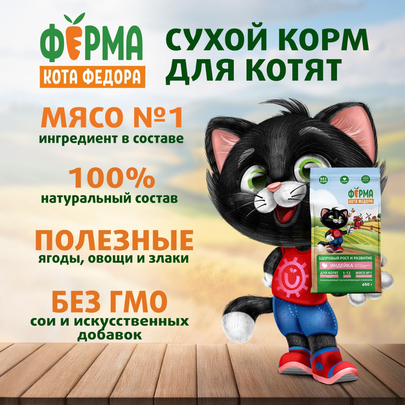 Сухой корм Ферма кота Федора для котят от 1 месяца, беременных и кормящих кошек с индейкой 650 г — фото 4