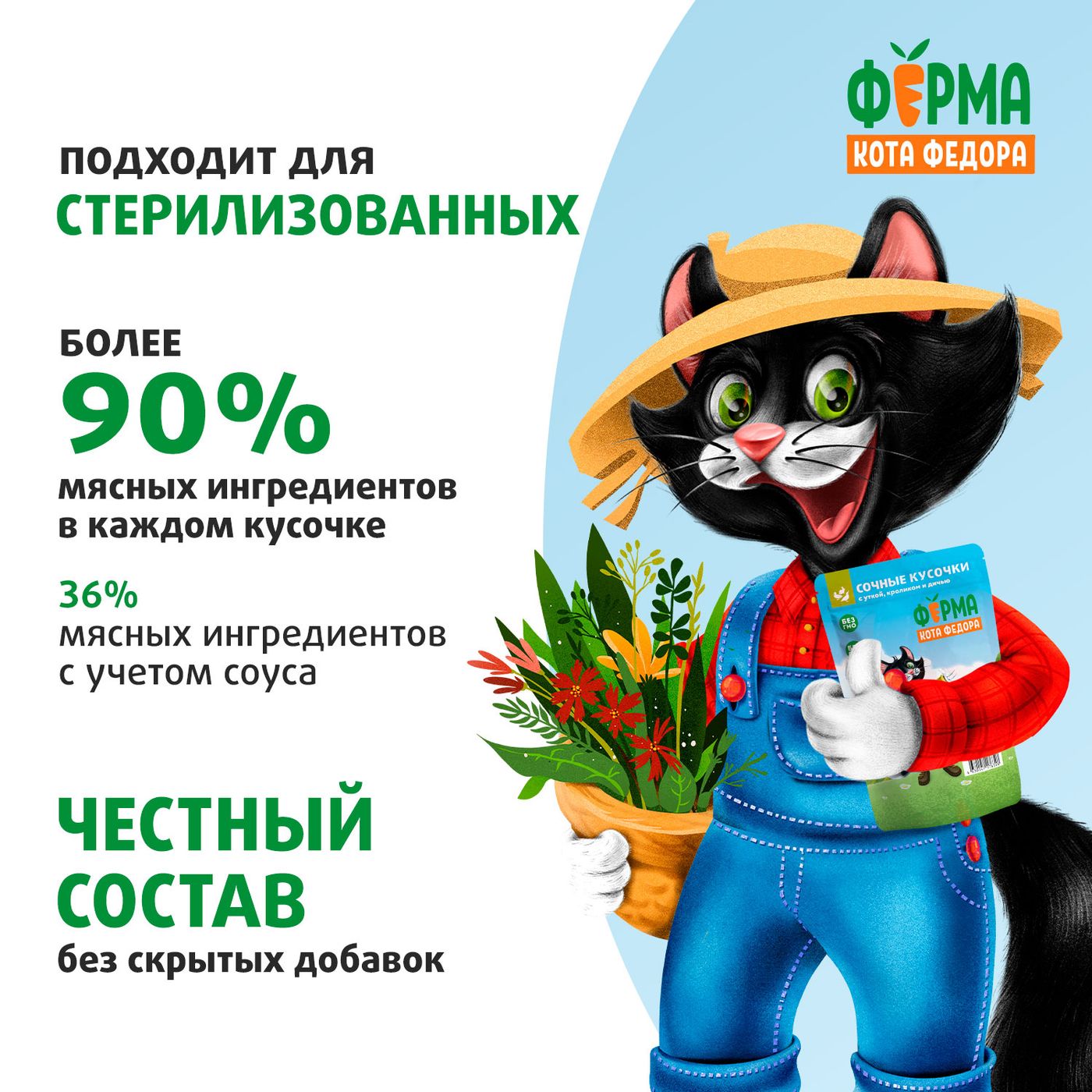 Влажный корм Ферма кота Фёдора мясные кусочки для кошек с уткой, кроликом и дичью 85г — фото 9